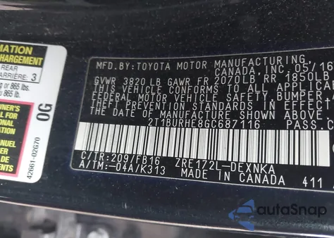 2016 Toyota Corolla Le Plus z USA, uszkodzony, nr VIN 2T1BURHE8GC687116